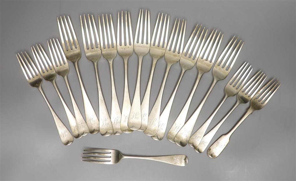 A set of six Victorian silver Old English pattern table forks and eleven similar table or dessert forks